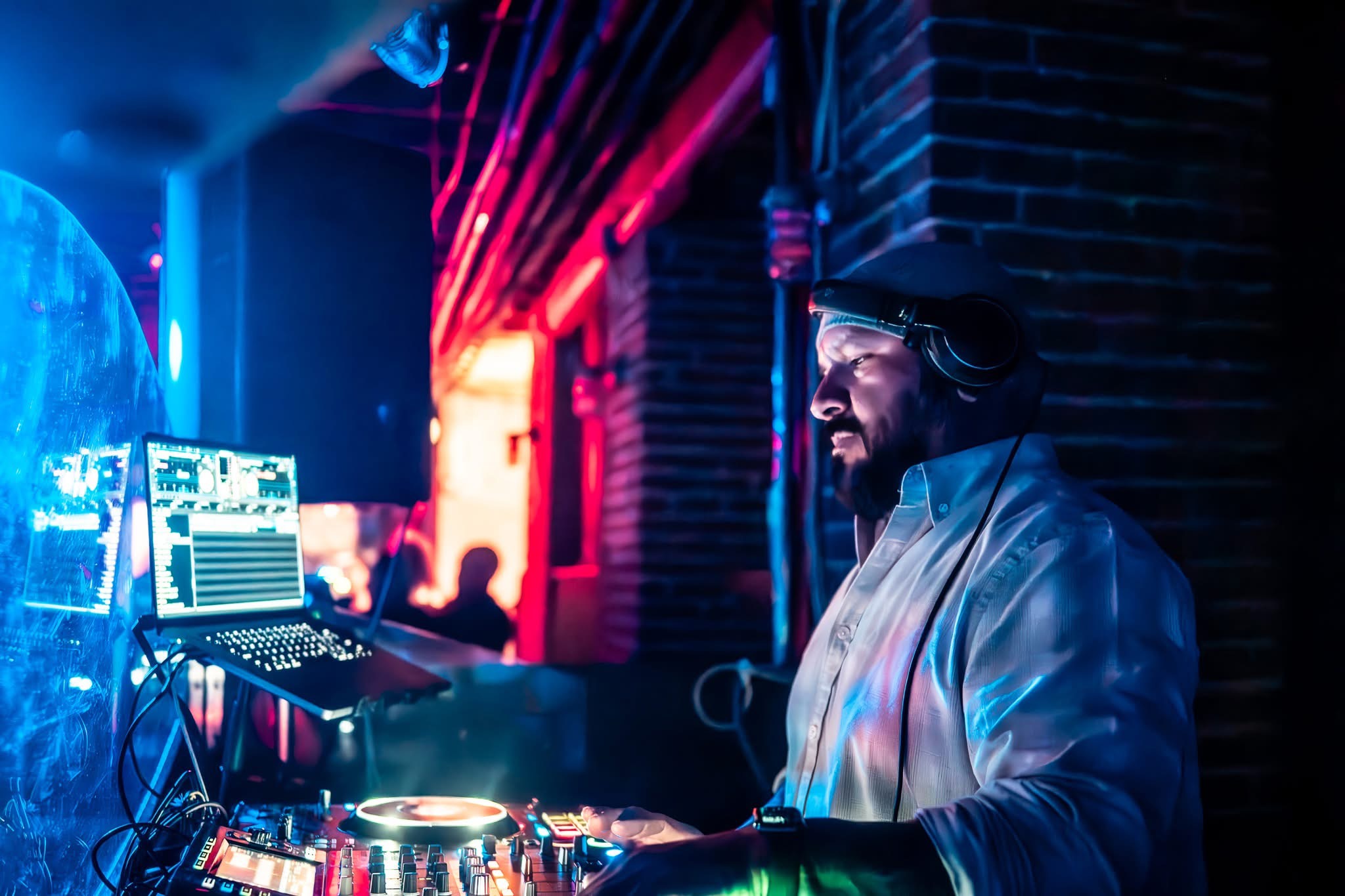 DJ Johnny en cabina bajo luces rojas y azules